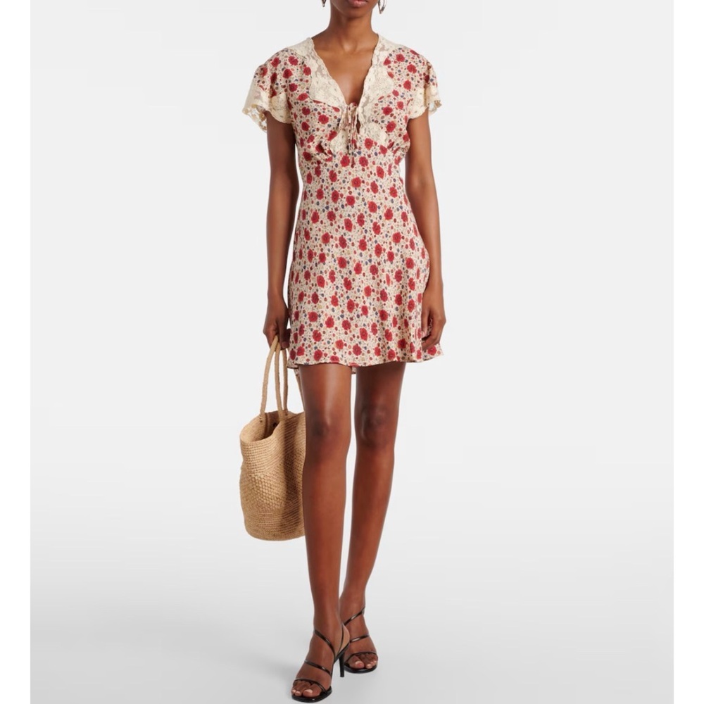 RIXO lace trimmed Floral Red and Cream miniDress NEW - Picture 2 of 15